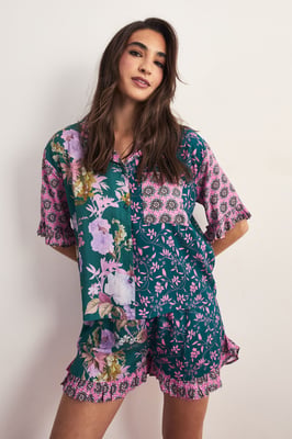 Floral Splice Print Shorts Pajama Set