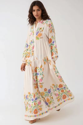 Geprinte V-hals Maxi-jurk met Knopdetail