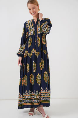 Geprinte V-hals Maxi Jurk met Knopen Sluiting