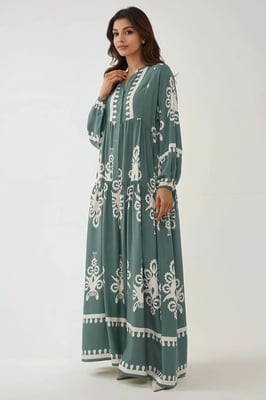 Geprinte Lange Mouwen Viscose Maxi Jurk