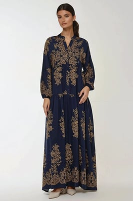 Geprinte Lange Mouwen Viscose Maxi Jurk