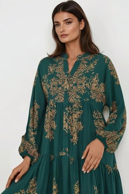 Gedrukte Lange Mouwen Viscose Maxi Jurk