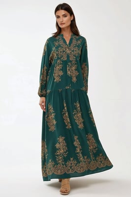 Gedrukte Lange Mouwen Viscose Maxi Jurk