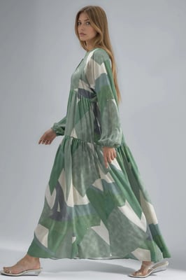 Geprinte Lange Mouw Viscose Maxi Jurk