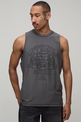 Charcoal Regular Exposed Seam Skull Print Tank