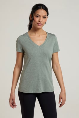 'Vitality' Women's V Neck Tee Quick Wicking Comfy T-Shirt Khaki