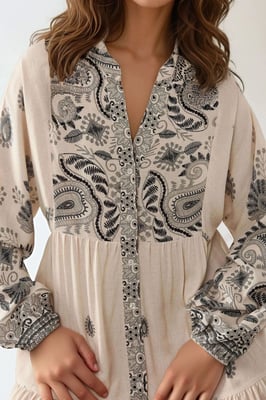 Geprinte V-hals Maxi-jurk met Knopdetail