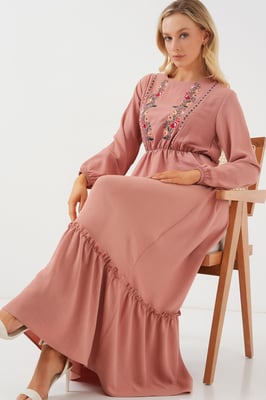Geborduurde Maxi-jurk met Ronde Hals