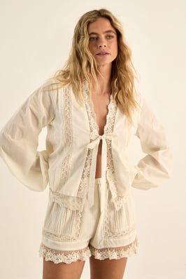 Cotton Lace Trim Tie Front Balloon Sleeve Top