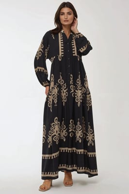 Geprinte Lange Mouw Viscose Maxi Jurk