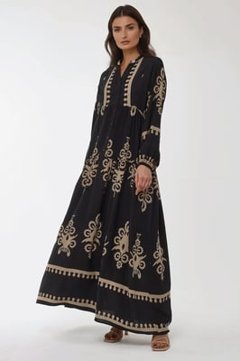 Geprinte Lange Mouw Viscose Maxi Jurk