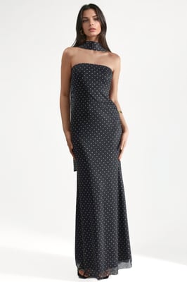 Polka Dot Offshoulder Maxiklänning med Scarf Detalj