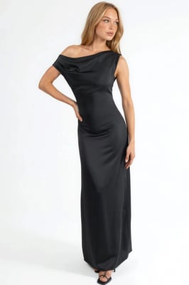 Asymmetrische Kraag Bodycon Satijnen Maxi Jurk