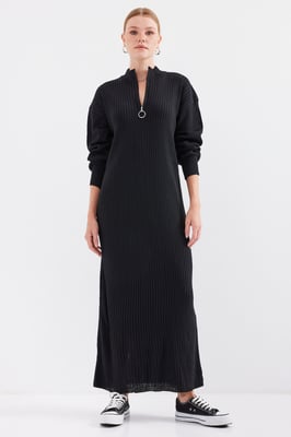Geweven Tricot Jurk met Halve Col en Rits