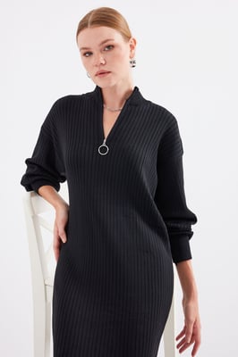 Geweven Tricot Jurk met Halve Col en Rits