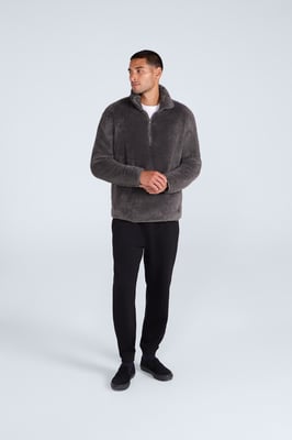 Men's Fleece Teddy Sweater with Pockets Half Zip Warm Cosy Casual Jacket Khaki