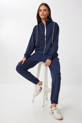 Contrast Binding Gedetailleerde Rits Sweater & Jogger Twee-Delige Set