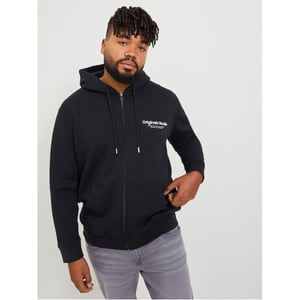 Men's Jack and Jones Vester Hooded Ribbed Cuff Lettering Sweat Jacket in Black