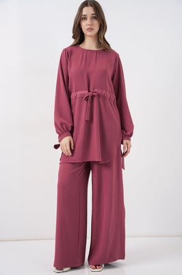 Crew Neck Tie Detail Tuniek en Brede Pantalon Set