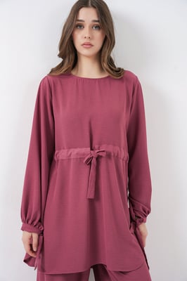 Crew Neck Tie Detail Tuniek en Brede Pantalon Set