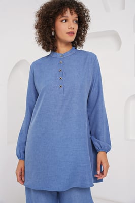 Gestructureerde Linnenmix Langsleevetunika en Wijde Pantalon Set