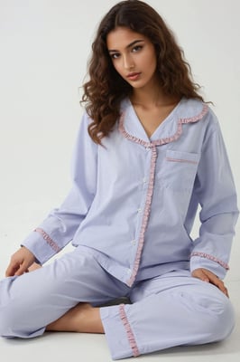 Skjortkrage Rutigt Bomull Pyjamas Set