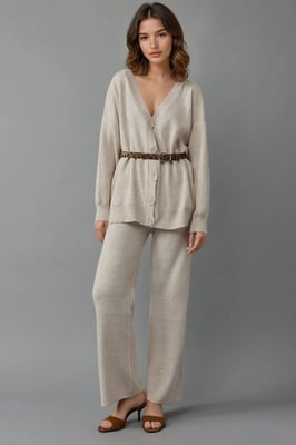 V-hals Cardigan en Brede Pijpen Broekset