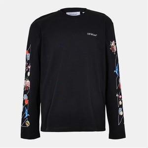 Men's Off White Embroidered Crew Neck Long Sleeve Jersey T-Shirt in Black-White