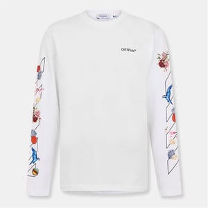 Men's Off White Crew Neck Long Sleeve Jersey T-Shirt in White-Black