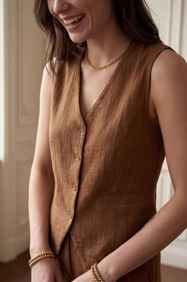 Gestructureerd Katoenen V-Hals Vest & Broek Twee-Delige Set