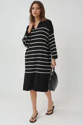 Gestreepte V-hals Losse Midi Trui Jurk met Split
