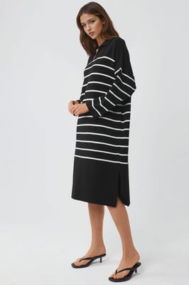 Gestreepte V-hals Losse Midi Trui Jurk met Split