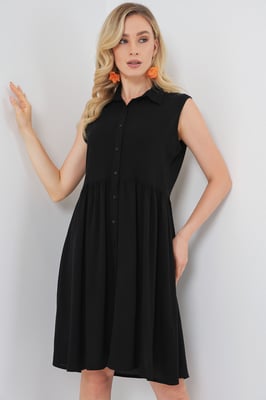 Mouwloze Midi-Jurk met Knopen en Hemdenkraag