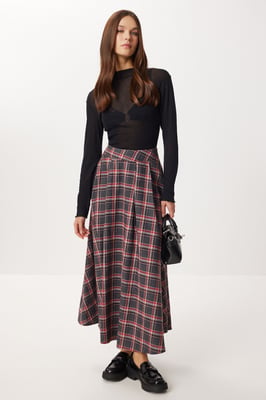 Geruite Hoge Taille Plissé Midi Rok