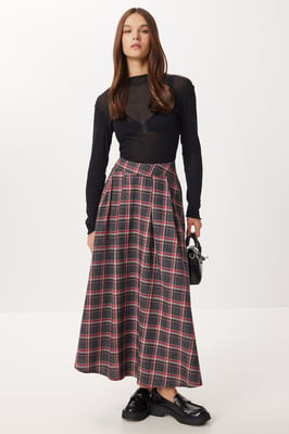 Geruite Hoge Taille Plissé Midi Rok