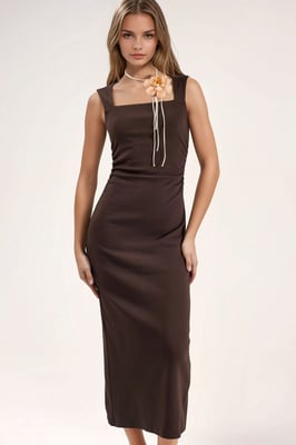 Vierkante Kraag Bodycon Midi-jurk met Splits