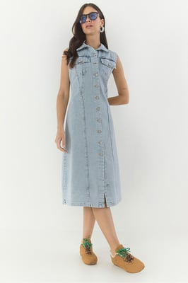 Aangemeten Denim Midi-jurk met Knopsluiting