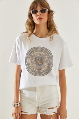 Geborduurde Geprinte Ronde Hals T-shirt