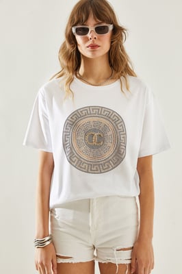 Geborduurde Geprinte Ronde Hals T-shirt