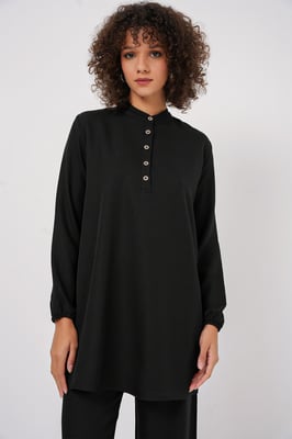Gestructureerde Linnenmix Langsleevetunika en Wijde Pantalon Set