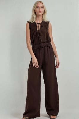 Gestructureerde Wijde Pantalon Jumpsuit met Ronde Hals