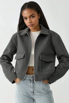Textured Crop Jacket with Zipper