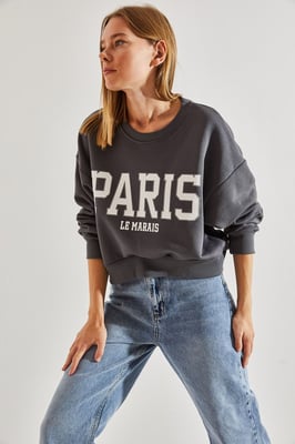 Korte Crew Neck Katoenen Sweatshirt met Voorzijde Tekstprint