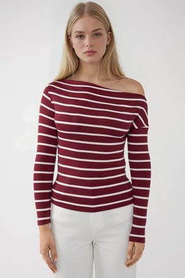 Gestreepte Off-Shoulder Lange Mouw Geribbelde Trui