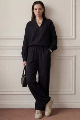 V-hals Blouse & Wijde Pantalon Muslin Twee-delig Set
