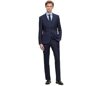 Men's Boss Solid Patterned Notch Collared Full Suit in Blue