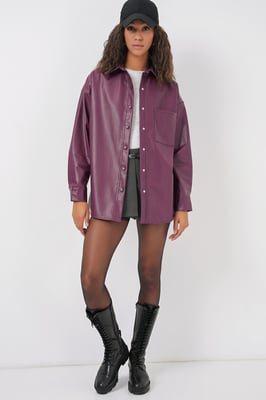 Oversized Faux Leather Lange Mouwen Overhemd met Knopen en Zak