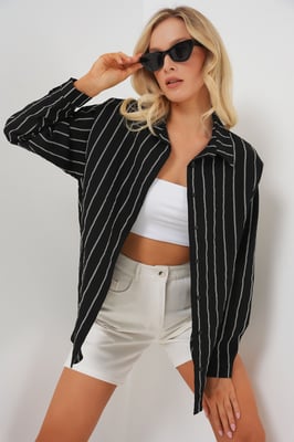 Gestreepte Oversized Blouse met Knopsluiting