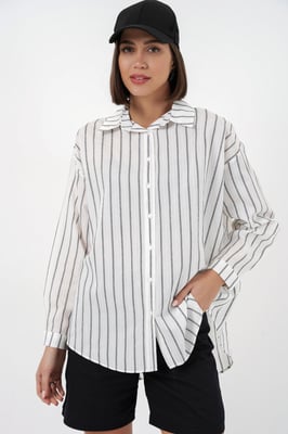 Gestructureerde Gestreepte Oversized Shirt met Knopsluiting