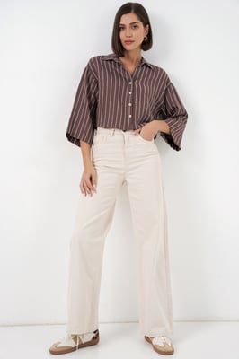 Oversized Gestreepte Cropped Shirt met Knoopsluiting